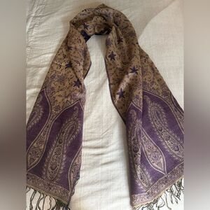 Oversized Fringed Challis Wrap in Purple & Brown.